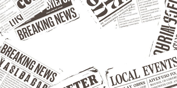 Overlapping newspaper pages with bold headlines and text in brown and white breaking local events