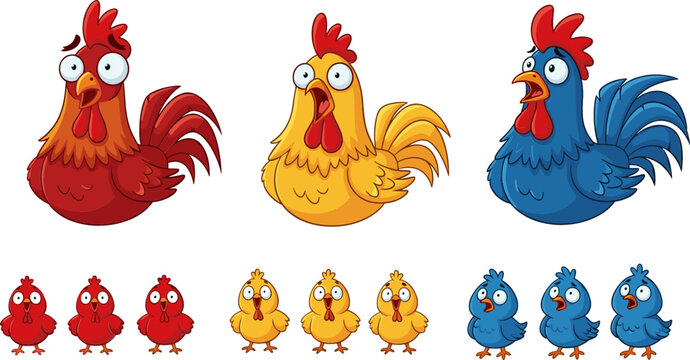 Cartoon Rooster with Funny Facial Expressions and Baby Chickens Vector Collection