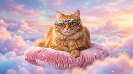 A majestic orange cat wearing glasses on a pink pillow in the clouds