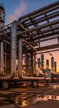 Industrial pipes and infrastructure at sunset.