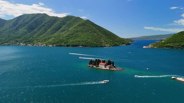 Aerial view of islands in the Bay of Kotor, featuring Our Lady of the Rocks Church and the Saint George Benedictine Monastery, Montenegro.