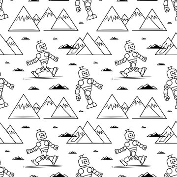Robots hiking mountains seamless pattern robot mountain black and white line art