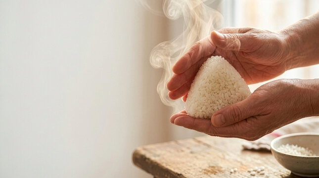 Cupped Hands Holding Steaming Japanese Onigiri Rice Ball, Warm Handmade Comfort Food