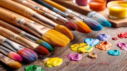 Obraz premium Colorful Paint Strokes and Brushes Arranged on Wooden Table Surface