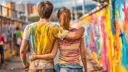 Obraz premium A Couple Walking Away from a Colorful Mural on a Bright Day