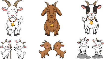 Fototapeta premium Cute Cartoon Goat and Kid Set in White, Brown, and Spotted Colors with Bell and Playful Farm Poses Vector Illustration