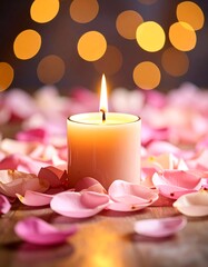 Soft candle flame amidst rose petals