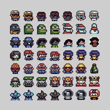 Pixel art character sprite set in retro 8-bit style, cute monsters, heroes and side-view avatars with multiple directions for game animation, RPG characters and platformer assets.