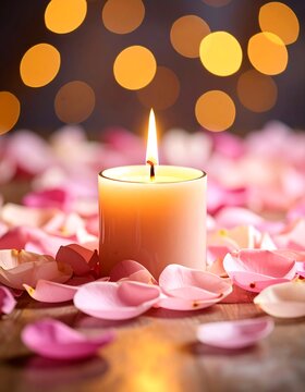 Soft candle flame amidst rose petals