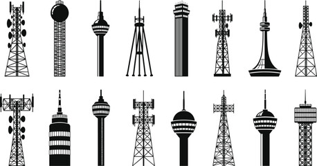 Fototapeta premium Communication Towers Vector Set with Different Designs and Structures for Telecommunication, Infrastructure, and Technology Illustrations