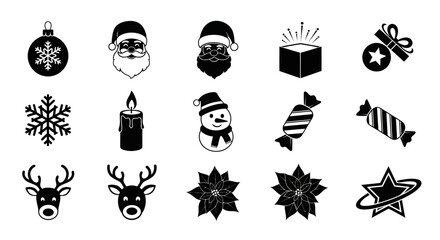 Collection of Merry Christmas Icons Santa Claus, Snowman, Reindeer, Candle, Bauble, Star, Cinnamon © HUANG