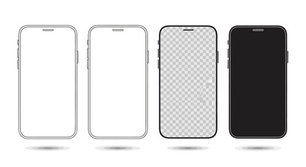 Set of sleek smartphone mockups featuring blank, white, black, and transparent screens, ideal for presenting app interfaces and responsive web designs on modern mobile devices © HUANG