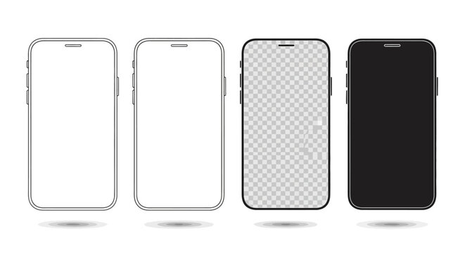 Set of sleek smartphone mockups featuring blank, white, black, and transparent screens, ideal for presenting app interfaces and responsive web designs on modern mobile devices