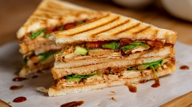 Layered Sandwich Cut Diagonally with Fresh Fillings and Toasted Bread