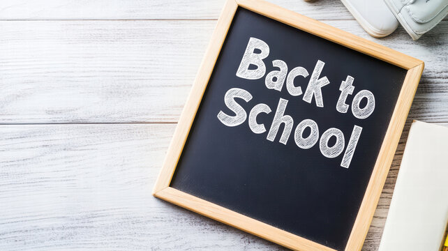 Wooden-framed chalkboard displays 'Back to School' on weathered wood