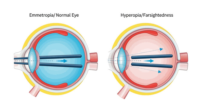 Detailed visual explanation comparing emmetropia (normal vision) and hyperopia (farsightedness), illustrating how light focuses differently within the human eye, impacting visual clarity