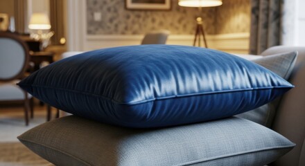 Fototapeta premium A luxurious plush sapphire blue velvet cushion showcasing rich texture and elegant design in a refined interior setting.
