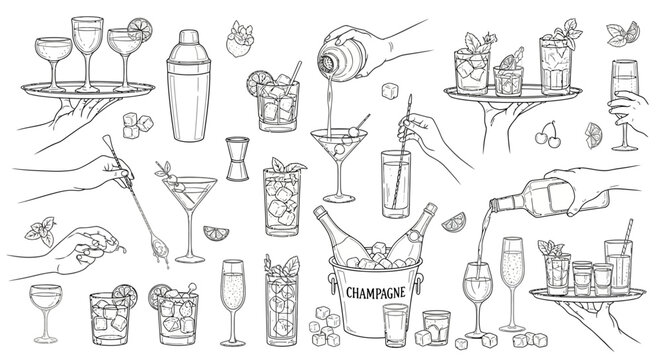 Hand-drawn collection of cocktail illustrations, featuring various alcoholic beverages, bar tools, and serving scenes, perfect for menu design or mixology concepts