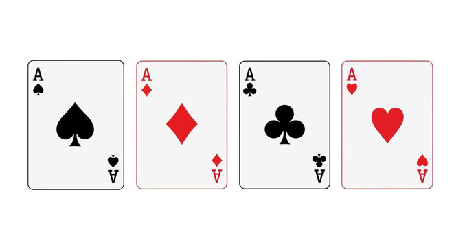 Set of four aces playing cards illustration featuring Spades, Diamonds, Clubs, and Hearts. Ideal graphic for casino, poker, and card game themes