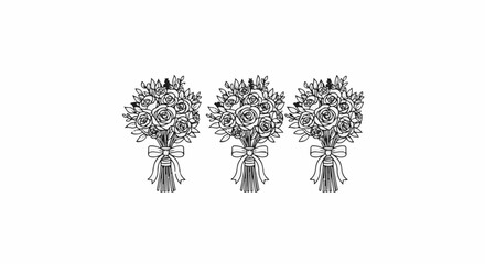 Fototapeta premium Three line-art rose bouquets with ribbons tied around stems