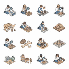 Children excavating fossils and artifacts in isometric view. © Septyan