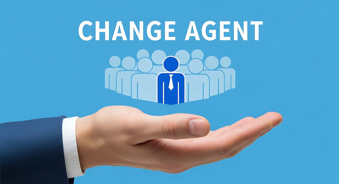 A hand in a business suit presenting a change agent concept with a group of people