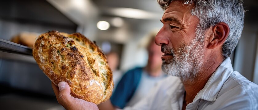 Senior man holds warm bread in a bakery while steam rises, showcasing the baked goods in the early morning light during baking preparations