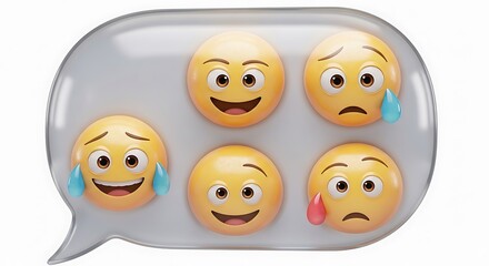 Naklejka premium A group of expressive 3D emoji faces inside a speech bubble, conveying various emotions like happiness, sadness, and laughter, on a white background.