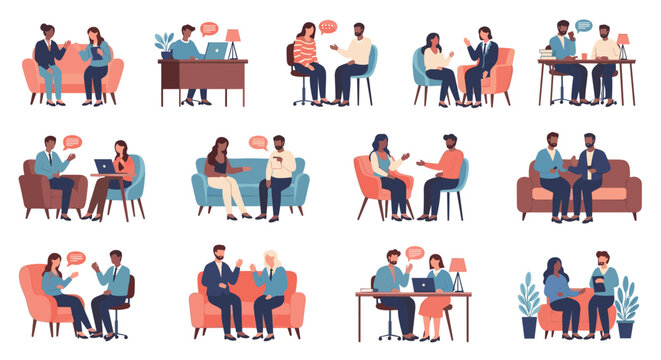 Set of various interpersonal communication scenes showing diverse people talking, counseling, and sharing ideas in comfortable settings.
