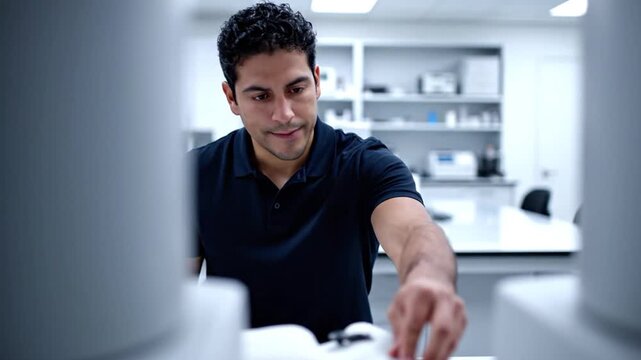 Male scientist taking notes in a modern clinical laboratory