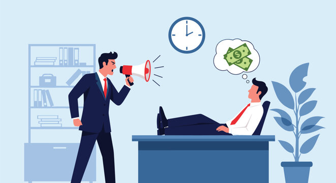 Stressed boss shouts through a megaphone at a lazy employee who is relaxing at his desk dreaming about money instead of working hard.