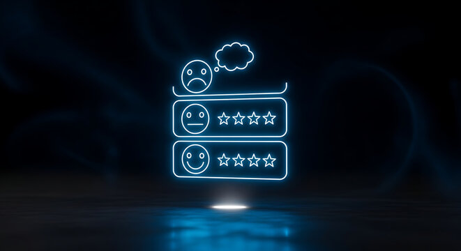 A glowing blue neon rating system with smiling and frowning faces in a dark background