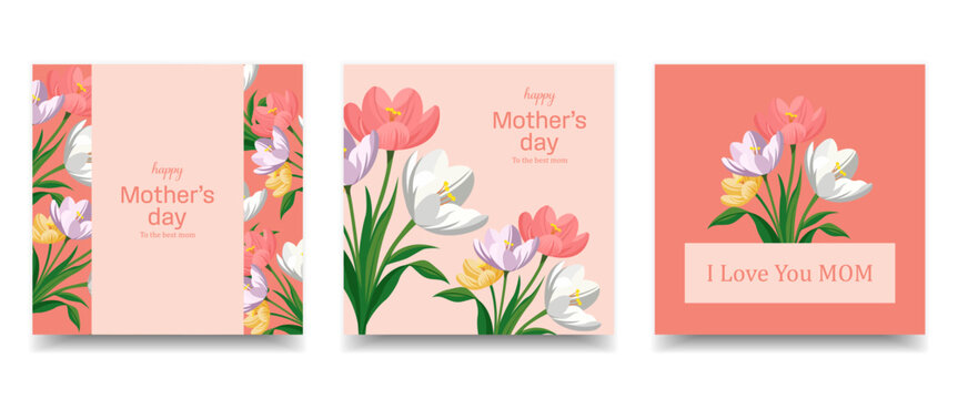 Happy Mother&rsquo;s Day Floral Greeting Card Set with Elegant Flower Illustration Design, vector illustration.