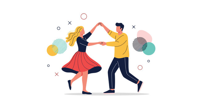 Joyful couple performs a swing or salsa dance together against a white background decorated with colorful abstract geometric shapes.
