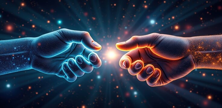 Digital handshake over cosmic background symbolizing partnership and business merger