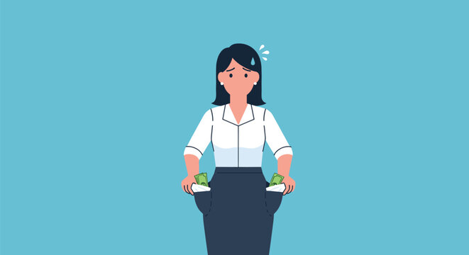 Concerned woman wearing a white blouse and blue skirt shows her empty pockets with only a few dollars left in her hands.