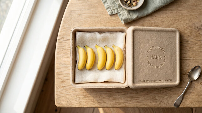 Fresh bananas stored in a biodegradable box on a wooden table beside a small plate and spoon during daylight hours