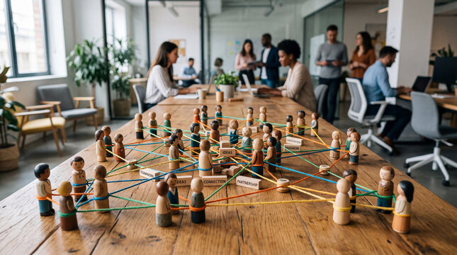 Team members engage in a connection game at a workspace during a team-building session on a weekday