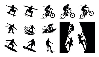 Naklejka premium Extreme sports silhouette collection, 14 action icons of skateboarding, surfing, rock climbing and bmx biking, black vector graphics on white background