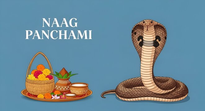 Naag Panchami Indian Festival Illustration with Cobra and Ritual Offerings