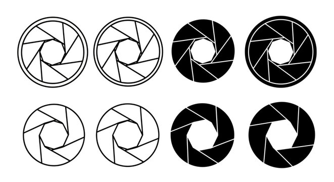 Collection of graphic camera aperture icons representing focus and lens control technology in various design styles for digital applications and visual projects