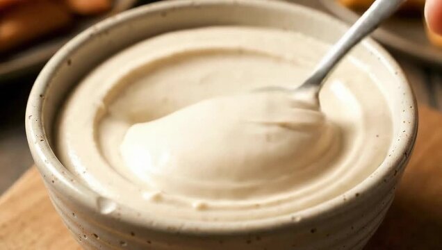 Creamy white sauce or dip in a ceramic bowl with a spoon