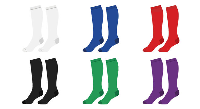 Collection of Six Pairs of Knee-High Socks in Various Colors White, Blue, Red, Black, Green, and Purple