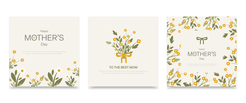 Mother&rsquo;s Day Greeting Templates with Yellow Flowers and Modern Minimal Design, vector illustration.