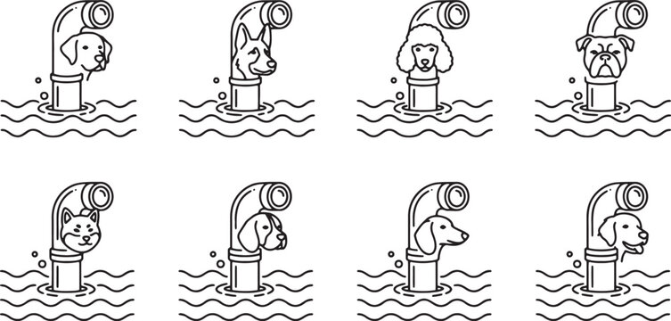 Dog heads appearing through submarine periscopes above the ocean surface