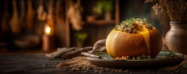 Fototapeta premium Baked Stuffed Pumpkin With Soft Filling Being Cut Open With Knife