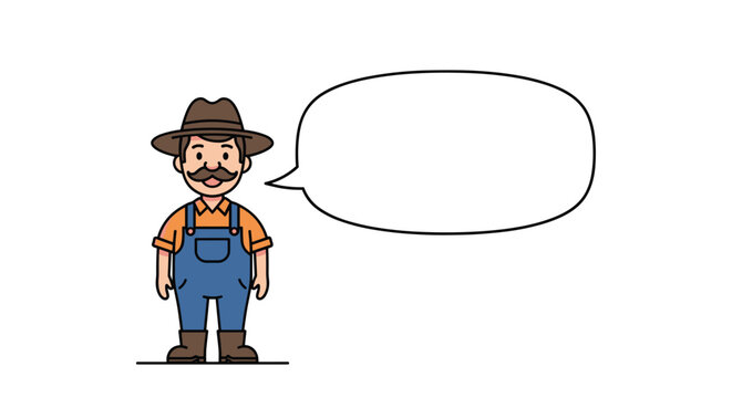 Friendly cartoon farmer wearing a hat and blue overalls stands next to a large empty speech bubble for custom text placement.