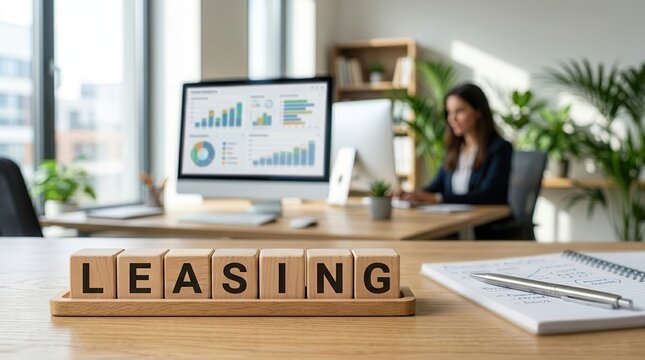 Leasing wooden blocks on a desk represent asset access and budget control for business finance.