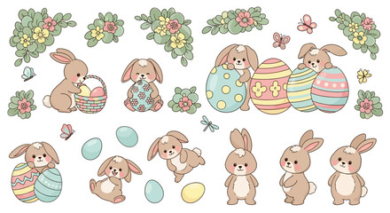 Fototapeta premium Adorable Easter Bunnies and Colorful Eggs Collection.