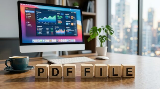 PDF file format and document sharing workflow concept on a wooden desk